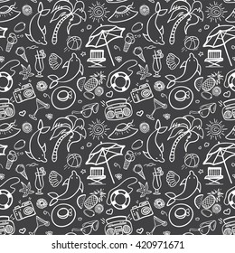 Summer holidays black and white seamless pattern. Vector illustration for web, print, textile and advertisement. Hand-drawn summer doodle Illustration on black background.