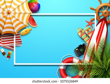 Summer holidays blank background in the blue beach sand. Top view of beach element collections