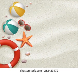 Summer Holidays Blank Background in the White Beach Sand with Ball, Lifebuoy, Sunglasses, Starfish, Stones and Corals. Vector Illustration