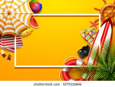 Summer holidays blank background in the yellow beach sand. Top view of beach element collections