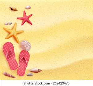 Summer Holidays Blank Background in the Yellow Beach Sand with Slippers, Starfish and Corals. Vector Illustration