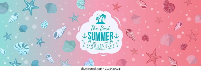 Summer holidays bright banner with sea shells and text label.