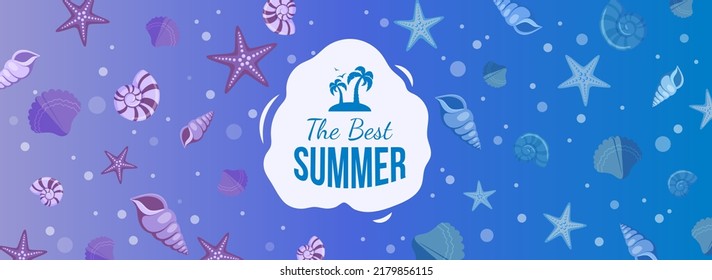 Summer holidays bright banner with sea shells and text label.