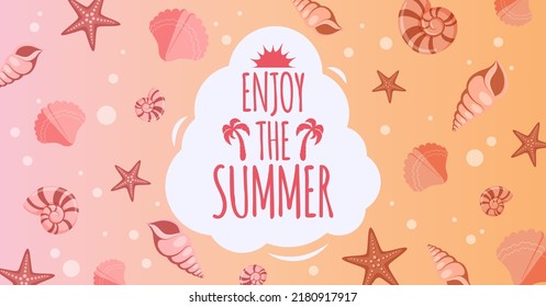 Summer holidays bright banner with sea shells and text label.