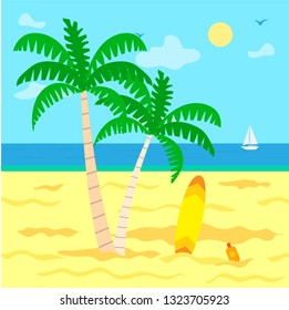 Summer holidays by sea vector, plage with hot sand. Sunshine of warm day, green palm tree with foliage, surfing board and sailing boat on water surface