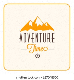 Summer holidays camping poster. Mountain adventures and outdoor activities label. Vector illustration with yellow and brown colors on textured background