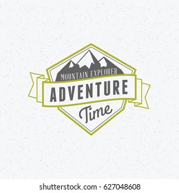 Summer holidays camping poster. Mountain adventures and outdoor activities label. Vector illustration with green and gray colors on textured background