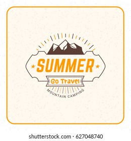 Summer holidays camping poster. Mountain adventures and outdoor activities label. Vector illustration with yellow and brown colors on textured background