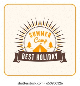Summer holidays camping poster. Mountain adventures and outdoor activities label. Vector illustration with yellow and brown colors on textured background