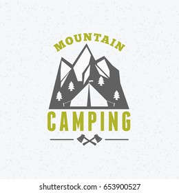 Summer holidays camping poster. Mountain adventures and outdoor activities label. Vector illustration with green and gray colors on textured background