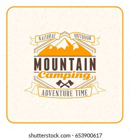 Summer holidays camping poster. Mountain adventures and outdoor activities label. Vector illustration with yellow and brown colors on textured background