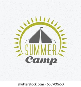 Summer holidays camping poster. Mountain adventures and outdoor activities label. Vector illustration with green and gray colors on textured background