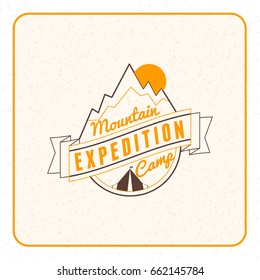 Summer holidays camping poster. Mountain adventures and outdoor activities label. Vector illustration with yellow and brown colors on textured background