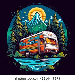 Sommerferien und Camping. Abenteuerreise mit dem Wohnwagen. Familienausflug. Cartoon, Vektorgrafik. Etikett, Aufkleber, T-Shirt-Druck