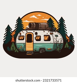 Summer holidays and camping. Travel by caravan for adventure. Family trip. Cartoon vector illustration. label, sticker