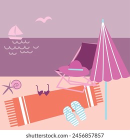 summer holidays card with beach items and wave. Tropical beach card with sand and sea. Beach party card or flyer template. Catch the summer vibe concept. Illustration of an island made in flat style