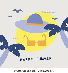 summer holidays card with beach items and wave. Tropical beach card with palm trees and sea. Beach party card or flyer template. Catch the summer vibe concept. Flat vector style illustration