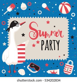 Summer holidays card with funny goose and sea elements. Vector illustration.