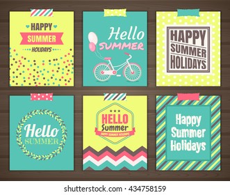 Summer holidays cards. Vector set of six bright summer cards