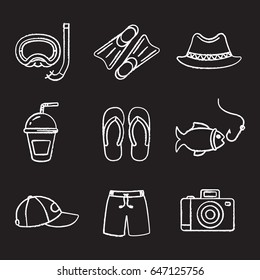 Summer holidays chalk icons set. Aqualung, flippers, homburg hat, refreshing drink, flip flops, fishing, cap, swimming trunks, photo camera. Isolated vector chalkboard illustrations