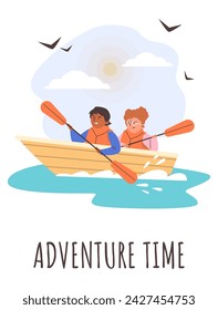 Summer holidays for children in the camp. Flat vector illustration of a child chasing a butterfly with a net. Ideal for a live flyer with space for text.