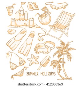 Summer holidays color sketch set.