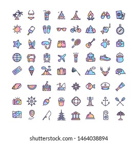 Summer Holidays Color Thin Line Icon Set Include of Anchor, Globe and Mask. Vector illustration of Icons