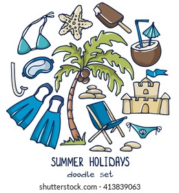 Summer holidays color vector doodle set.
