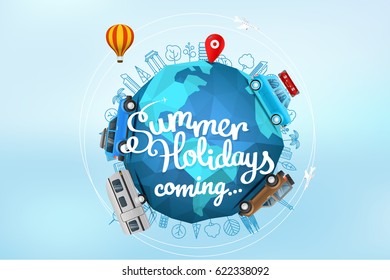 Summer holidays coming. Vector logo with the Earth on blur background