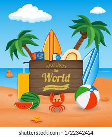 Summer holidays composition with sand beach, palms and travel stuff. Trave and Tourism concept. Vector illustration