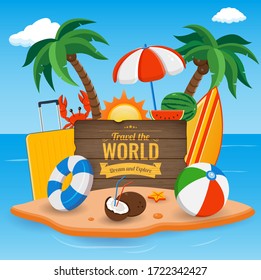 Summer holidays composition with sand beach, palms and travel stuff. Trave and Tourism concept. Vector illustration