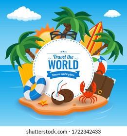 Summer holidays composition with sand beach, palms and travel stuff. Trave and Tourism concept. Vector illustration