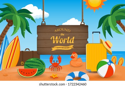Summer holidays composition with sand beach, palms and travel stuff. Trave and Tourism concept. Vector illustration