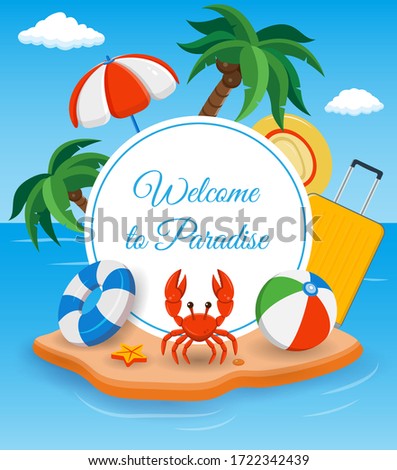 Summer holidays composition with sand beach, palms and travel stuff. Trave and Tourism concept. Vector illustration