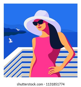 Summer holidays concept. Abstract woman wearing pink dress, big white hat and sunglasses  standing on the beach. Sea, sky, gulls, girl. Vector illustration