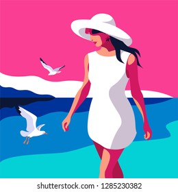 Summer holidays concept. Abstract young woman wearing big hat walking on the beach. Sea background with gulls. Vector illustration