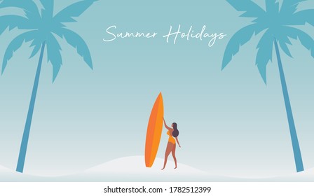 Summer holidays concept. Beautiful bikini girl holding surfboard, surfing on beach in summer day vector illustration. Summer surfing, enjoy summer holidays beach concept background