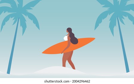 Summer holidays concept. Beautiful bikini girl holding surfboard, surfing on beach in summer day vector illustration. Summer surfing, enjoy summer holidays beach concept background