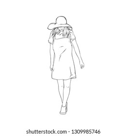 Summer holidays concept with beautiful walking woman with hat, vector illustration isolated on white background