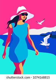 Summer holidays concept. Beautiful young woman wearing blue dress, big white hat and sunglasses walking on the beach. Vector illustration