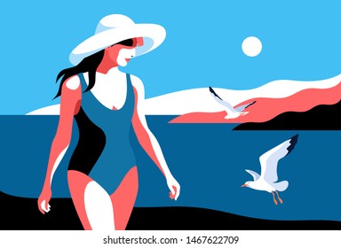 Summer holidays concept. Female character wearing swimsuit and big hat, walking on the beach. Sea, sky, sun, gulls, girl. Vector illustration