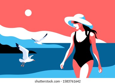 Summer holidays concept. Female character wearing swimsuit and big hat, walking on the beach. Sea, sky, sun, gulls, girl. Vector illustration