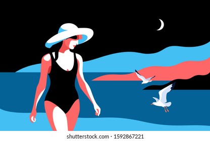  Concepto de vacaciones de verano. Caracter femenino con traje de baño y sombrero grande, caminando por la playa nocturna. Mar, cielo, luna, gaviotas, chica. Ilustración del vector