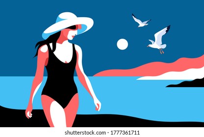 Summer holidays concept. Female character wearing swimsuit and big hat, walking on the beach. Sea, sky, sun, gulls, girl. Vector illustration