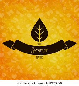Summer holidays concept. Leaf on sunny vector background. Retro label. Greeting card