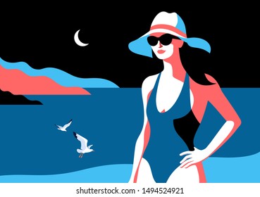 Summer holidays concept. Night beach scene. Female character wearing swimsuit and big white hat. Sea, sky, moon, gull, girl. Vector illustration