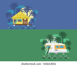 Summer holidays concept. South houses and trailer for booking, rent or living. Rent for surfer