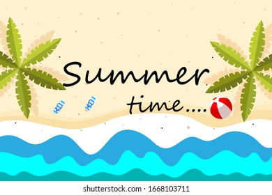 Summer holidays concept, summer time background. Top view on palm tree leaves, flip flops, beach ball and sea sand.