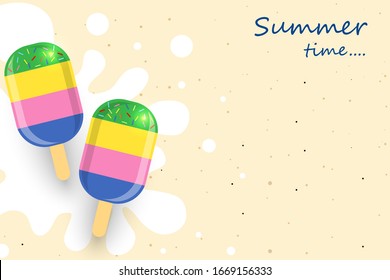 Summer holidays concept, summer time background. Colorful ice cream on the floor, on top of splash water in brown background.