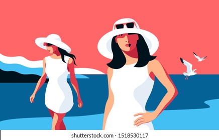 Summer holidays concept. Two female characters wearing big white hats and sunglasses, walking on the beach. Sea, sky, gulls, girls. Vector illustration